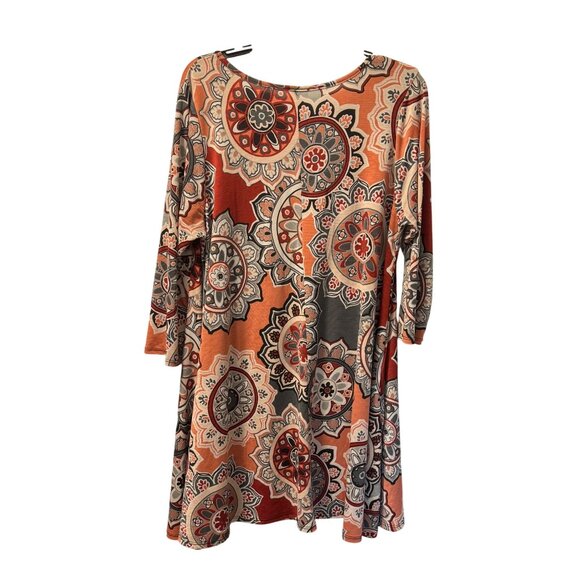 Boho-Chic 3/4 Sleeve Tunic Top By Hershe Sz L L Soft Mandala Print Orange & Gray - Picture 8 of 11